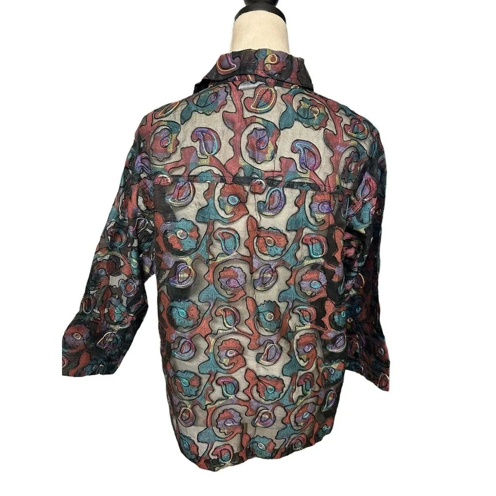 Chico's Design Vintage 90s Sheer Burnout Paisley Silk Blend Embroidered Top Sz 3